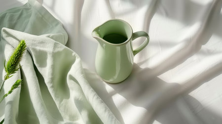 A serene composition featuring an elegant green pitcher set on soft, draped fabric. Natural light enhances the minimalist design, creating a calming atmosphere.の素材