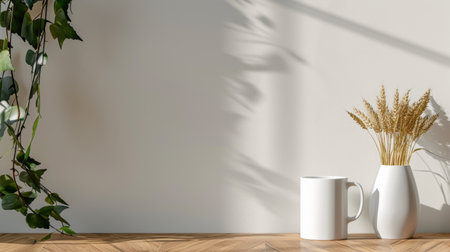 This serene interior setup features a white coffee mug next to a stylish vase filled with dried wheat. The greenery and soft shadows add tranquility.の素材