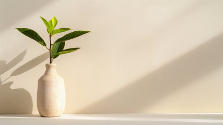 A serene minimalist arrangement featuring a single green plant in a simple ceramic vase against a soft beige wall, highlighting natural beauty.の素材