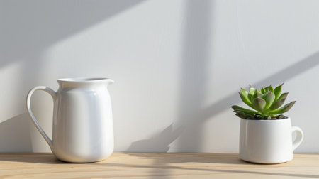 A serene still life showcasing a white ceramic pitcher and a succulent plant in a minimalist setting. Soft natural light enhances the peaceful atmosphere.の素材