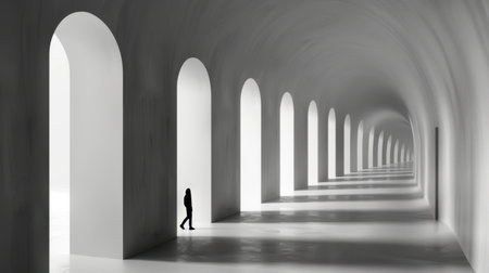 A solitary figure strolls through a minimalist tunnel adorned with elegant arched windows. The serene atmosphere emphasizes depth and light.の素材