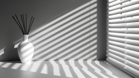 A sleek white vase with black sticks creates a striking focal point against a backdrop of shadows formed by blinds, showcasing modern minimalist design.の素材
