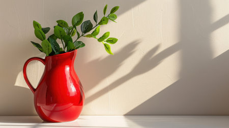 A striking red pitcher holds fresh green leaves, beautifully contrasted against a light wall, creating a serene atmosphere with soft shadows and natural beauty.の素材