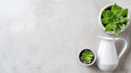 This image captures a serene arrangement of fresh green succulents in modern white pots alongside a stylish watering can, set on a light gray marble surface. Ideal for nature and home decor themes.の素材