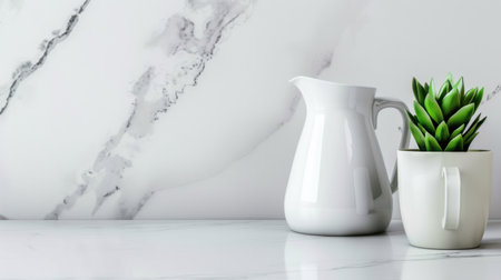 A serene arrangement featuring a white ceramic pitcher and a healthy green succulent in a modern kitchen setting. The elegant marble background enhances the fresh aesthetic of the scene, perfect for adding a touch of style to any interior space.の素材
