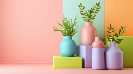 A captivating display of modern pastel vases filled with delicate greenery, set against a vibrant color-block background, ideal for home decor inspiration.の素材