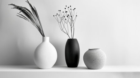 A striking black and white composition featuring minimalist vases that elegantly display dried plants, perfect for enhancing modern interior decor and aesthetics.の素材