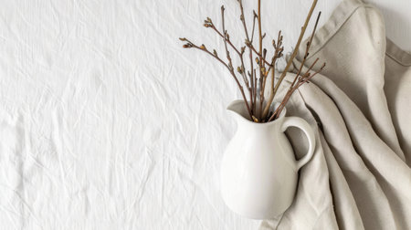 This elegant white ceramic pitcher features dried twigs, resting on a textured fabric, offering a serene and minimalistic aesthetic perfect for home decor.の素材