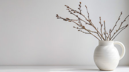 A serene and minimalist scene featuring a white ceramic vase with dried twigs, perfect for enhancing home decor with a touch of nature.の素材
