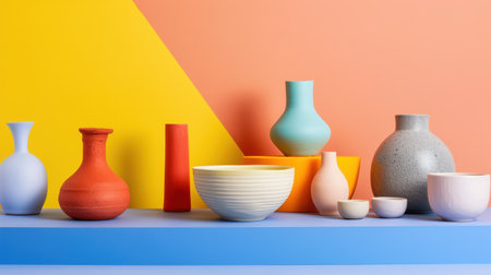 A vibrant collection of modern vases and bowls in a creative arrangement against a bright geometric background, showcasing contemporary design and color.の素材