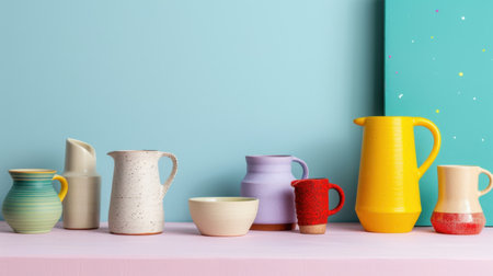 A vibrant collection of ceramic pitchers and bowls arranged on a pastel surface, showcasing intricate designs and colorful textures for home decor inspiration.の素材