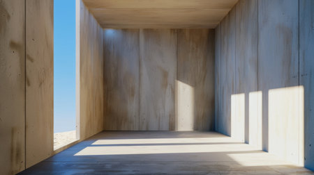 This image depicts a minimalist interior of an empty room featuring wooden walls and a concrete floor. Natural light fills the space, creating a serene atmosphere perfect for design inspiration or architectural concepts.の素材