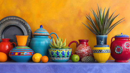 An eye-catching arrangement of colorful handmade ceramics and succulents sits against a warm orange background, celebrating artistic craftsmanship and vibrant hues.の素材