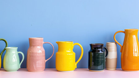 A delightful arrangement of colorful ceramic jugs in various shapes adds a vibrant touch to any space, showcasing artistic style and home decor potential.の素材