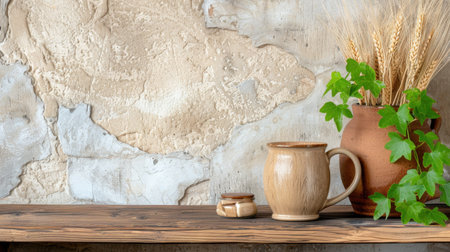 A charming still life arrangement featuring a wooden mug, a clay pot filled with wheat, and lush green ivy, set against a textured wall.の素材