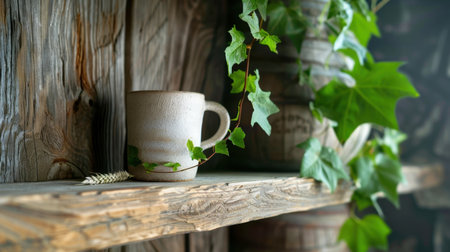 A serene display of a rustic mug on a wooden shelf, accompanied by lush greenery, creating a warm and inviting atmosphere perfect for home decor.の素材