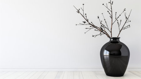 This stunning image features a sleek black vase holding dry branches, creating a striking minimalist design. Ideal for interior inspiration.の素材
