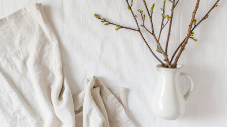 A serene minimalist scene featuring delicate branches in a white pitcher atop a soft fabric background, perfect for home decor ideas and inspiration.の素材
