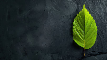 A striking close-up of a fresh green leaf set against a dark slate background. This image captures the essence of nature, simplicity, and organic beauty. Perfect for various wellness themes and creative projects.の素材