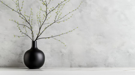 This image showcases an elegant black vase adorned with delicate branches, set against a sophisticated gray background, perfect for modern interior styling.の素材