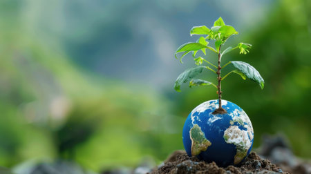 A young plant emerges from a small earth globe, highlighting the connection between nature and sustainability. This image symbolizes growth and environmental stewardship.の素材