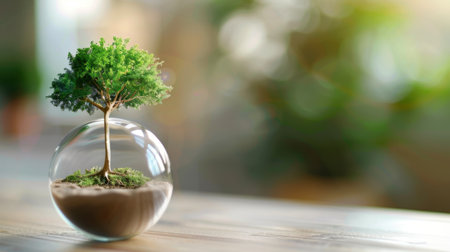 This captivating image depicts a vibrant small tree thriving in a glass orb, symbolizing nature's resilience and the importance of environmental care.の素材