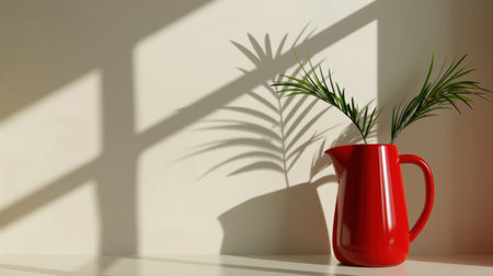 A vibrant red pitcher with green leaves sits elegantly on a table, casting playful shadows on a soft light wall, creating a fresh and inviting indoor ambiance.の素材