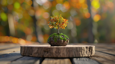 This captivating image features a miniature tree perched on a mossy rock, surrounded by a warm, vibrant autumn bokeh background, evoking feelings of tranquility and beauty in nature.の素材