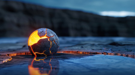 A cracked soccer ball emits a warm orange glow, resting on a rocky shoreline. The dramatic dusk sky reflects in the water, creating a surreal atmosphere.の素材