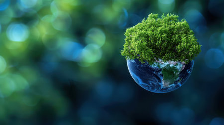 A captivating image featuring a lush tree canopy floating above a vibrant blue planet, blurred background creates a serene ambiance highlighting ecological themes.の素材