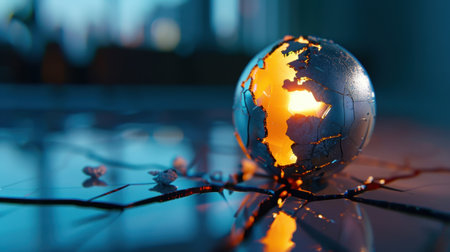 This captivating image features a cracked globe with vibrant interior lighting, symbolizing global awareness and environmental challenges faced today.の素材