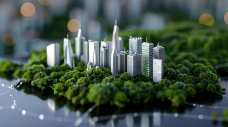 A detailed miniature city model showcasing modern skyscrapers set amidst vibrant greenery, emphasizing urban design and nature integration. Perfect for architecture and city planning concepts.の素材