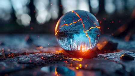 This captivating image features a shattered glass sphere glowing with fire, reflecting enchanting forest scenery. Ideal for artistic and abstract themes.の素材
