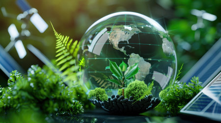 A stunning representation of sustainability, featuring a glass globe displaying the Earth model, surrounded by vibrant plants and solar panels, emphasizing ecological harmony.の素材