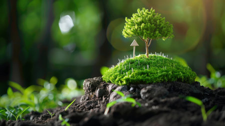 A charming miniature tree sits atop a lush green moss mound, surrounded by delicate sprouts, illuminated by soft sunlight, creating a serene nature scene.の素材