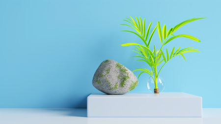 This modern still life features a vibrant green plant in a glass vase placed elegantly on a white shelf, complemented by a textured stone, all set against a soothing light blue background.の素材