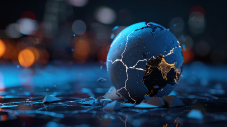 A captivating digital depiction of a cracked Earth globe, showcasing city lights and reflections on a polished surface in a dark environment.の素材