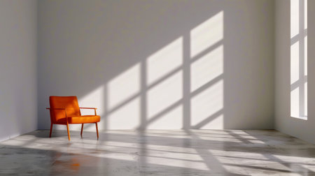 This image features a minimalist interior space showcasing an orange chair, with sunlight casting dramatic shadows through large windows. The clean, empty room emphasizes tranquility and stylish simplicity, perfect for various design themes.の素材