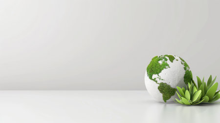 This image features a white globe adorned with lush green moss alongside a vibrant succulent plant, set against a minimalist white background, symbolizing nature and sustainability.の素材