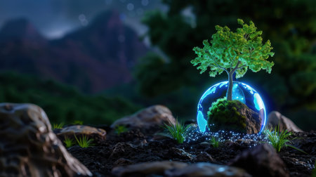 A stunning representation of a green tree growing on a miniature planet, encased in a glowing glass sphere. Surrounded by rocks and illuminated blue lights, this artwork embodies the theme of environmental harmony and sustainability at night.の素材
