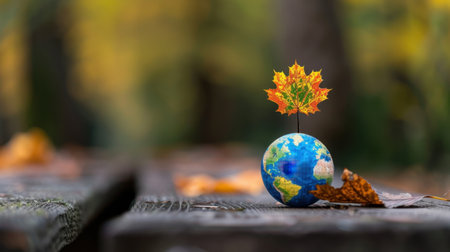 A charming earth model with an autumn leaf positioned on top, placed on a wooden surface, capturing the beauty of nature and seasonal change.の素材