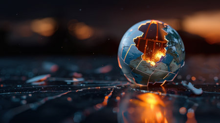 A striking image of a globe with explosion effects represents the urgent environmental crisis. It captures the dangers of global warming and symbolizes the need for change.の素材
