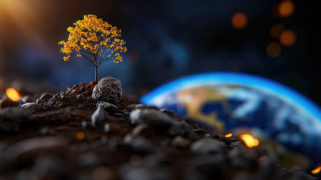A vibrant tree stands resiliently on a rocky surface, illuminated by a soft glow, with Earth visible in the background, symbolizing hope and growth.の素材