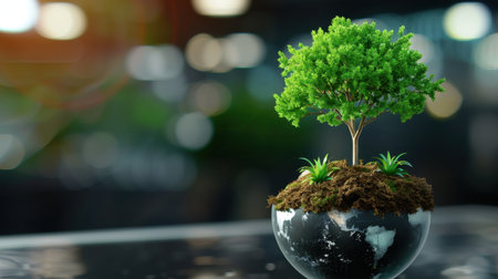 A lush green tree sprouts from a globe covered in soil, representing a commitment to environmental sustainability and a brighter future for our planet.の素材