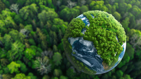 A stunning aerial view of a green planet symbolizing nature's beauty, showcasing rich forests, blue oceans, and vibrant ecosystems. Perfect for environmental themes.の素材