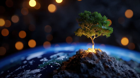 A vivid image of a solitary tree emerging from rocky terrain, illuminated softly against an abstract backdrop of Earth and warm bokeh lights.の素材