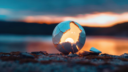 An artistic representation of a broken sphere emitting a glowing light, set against a serene sunset landscape with stunning reflections on the water.の素材