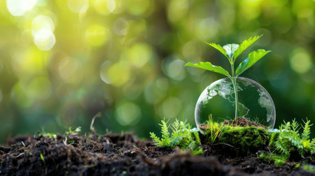 A young plant emerges from rich soil, encased in a glass globe representing the Earth. The scene is set against a softly lit green bokeh background, symbolizing growth and sustainability in nature.の素材