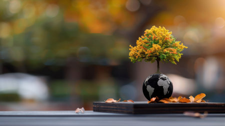 A miniature tree with vibrant leaves sits atop a globe, surrounded by autumn leaves, symbolizing the beauty of nature and environmental awareness.の素材