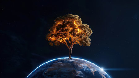 A stunning digital artwork featuring a luminous tree atop a beautiful blue planet surrounded by stars, creating a surreal, enchanting atmosphere.の素材